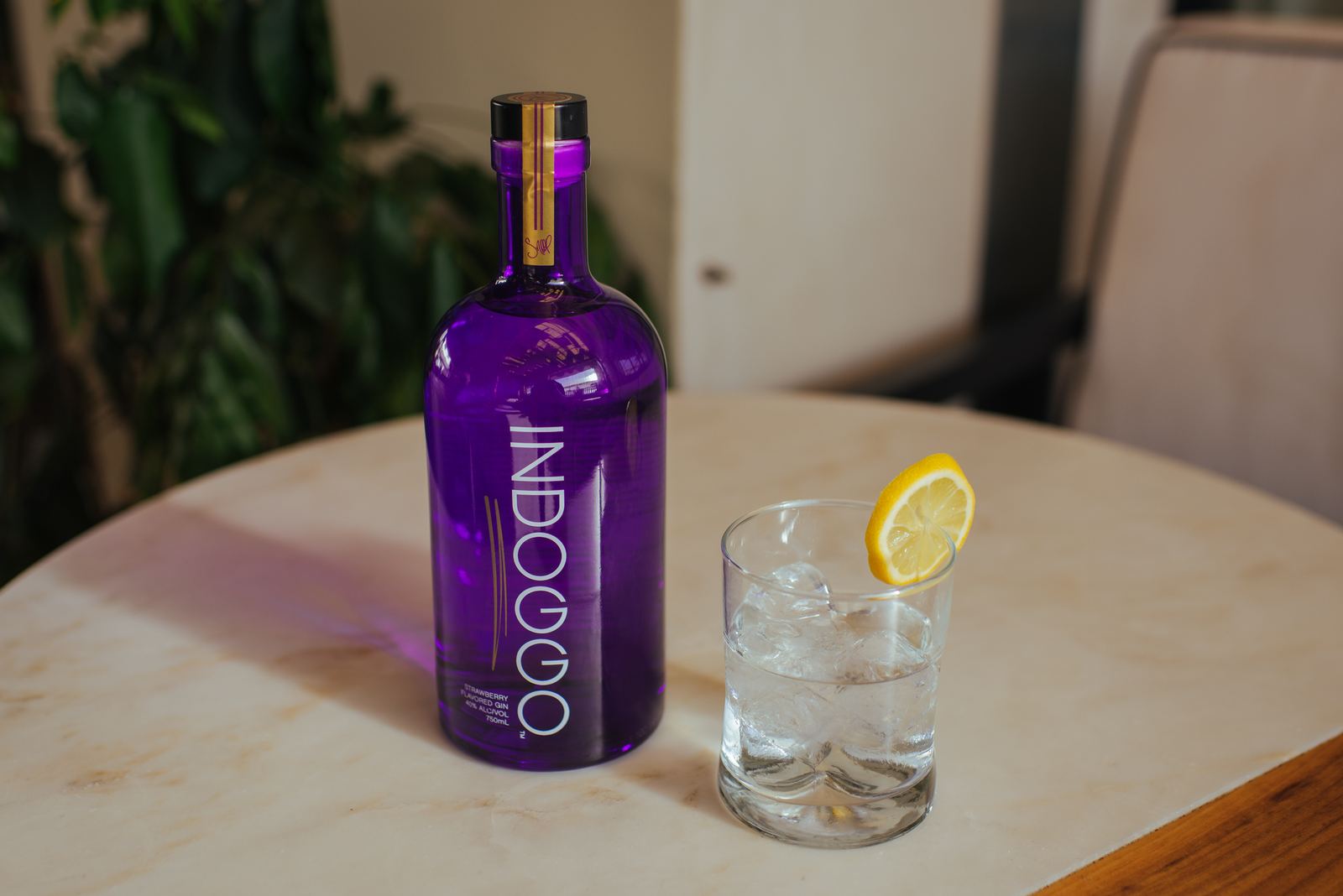 Indoggo Gin bottle photographed outdoors at golden hour