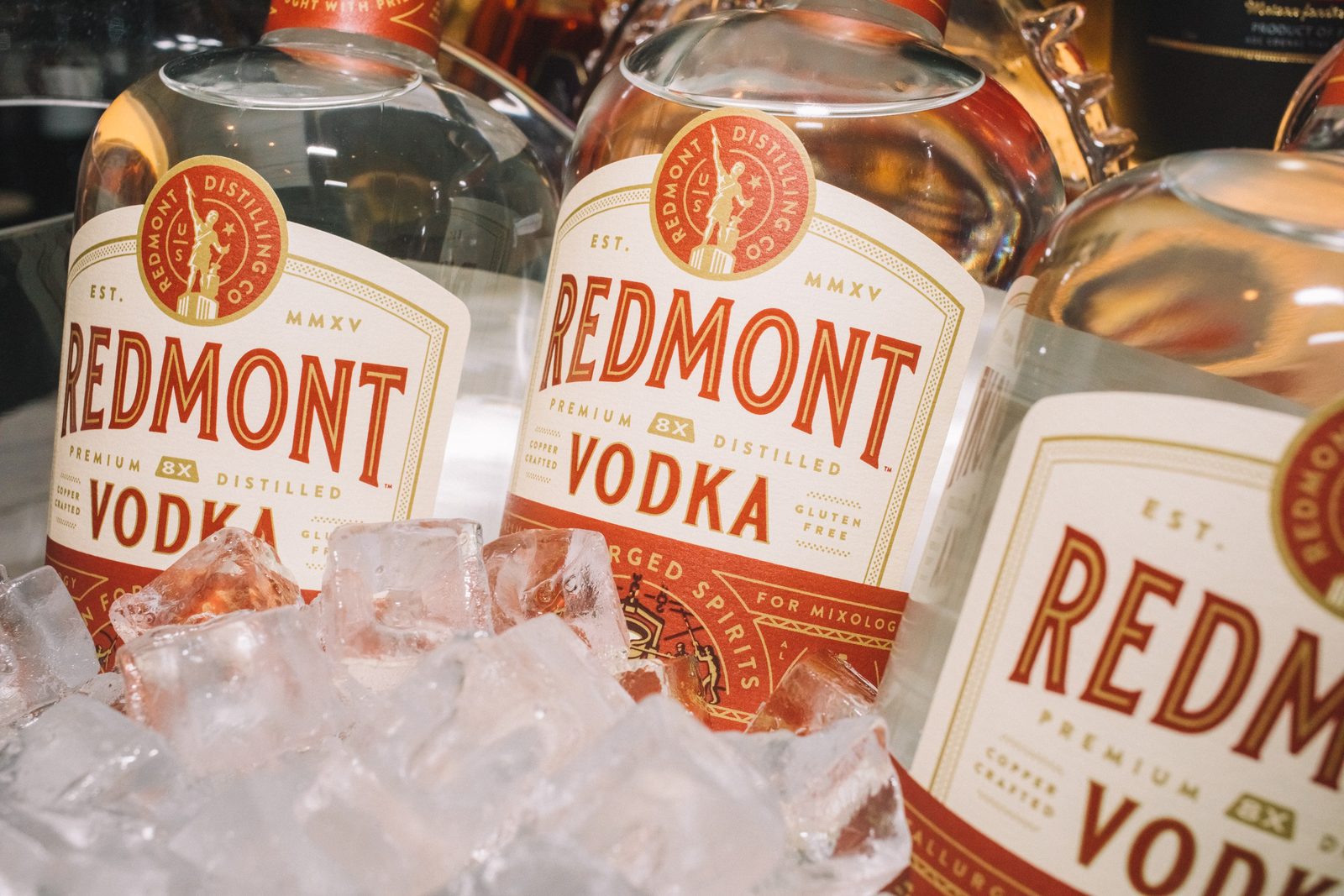 Redmont Vodka bottles on ice at the Conrad New York launch