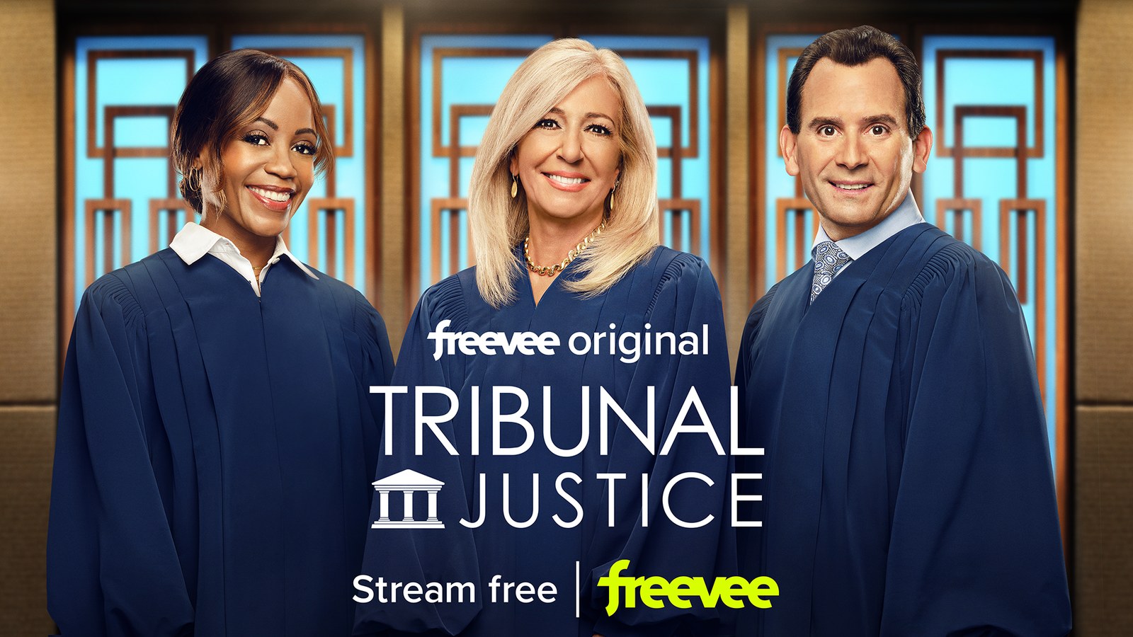 Tribunal Justice key art, Judges Tanya Acker, Patricia DiMango and Adam Levy in blue robes beneath the courtroom seal