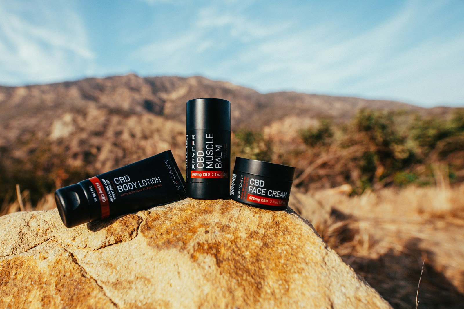 Spyder CBD product on a rock ledge above the shore