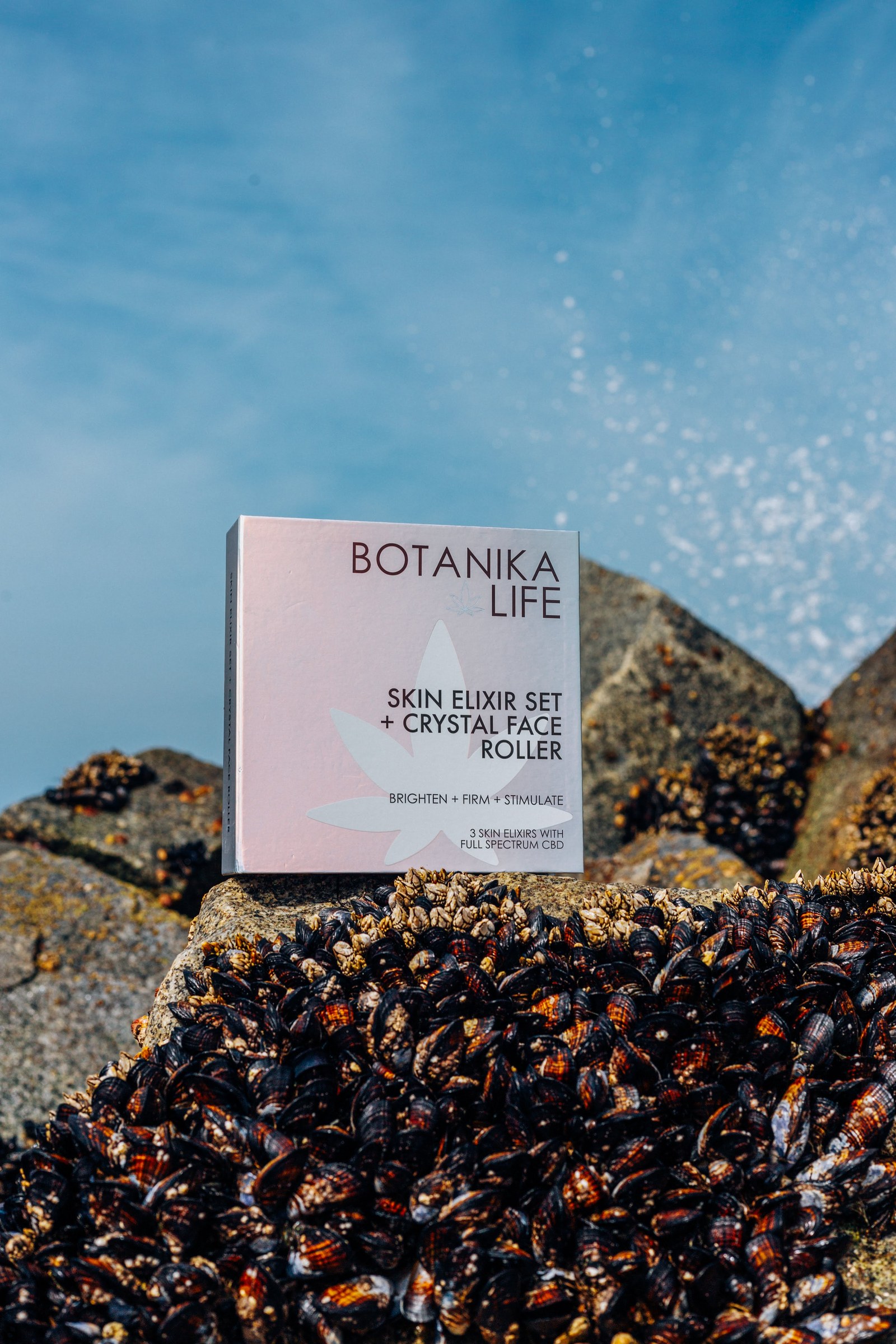 Botanika Life Skin Elixir Set box on mussel-covered rocks under blue sky