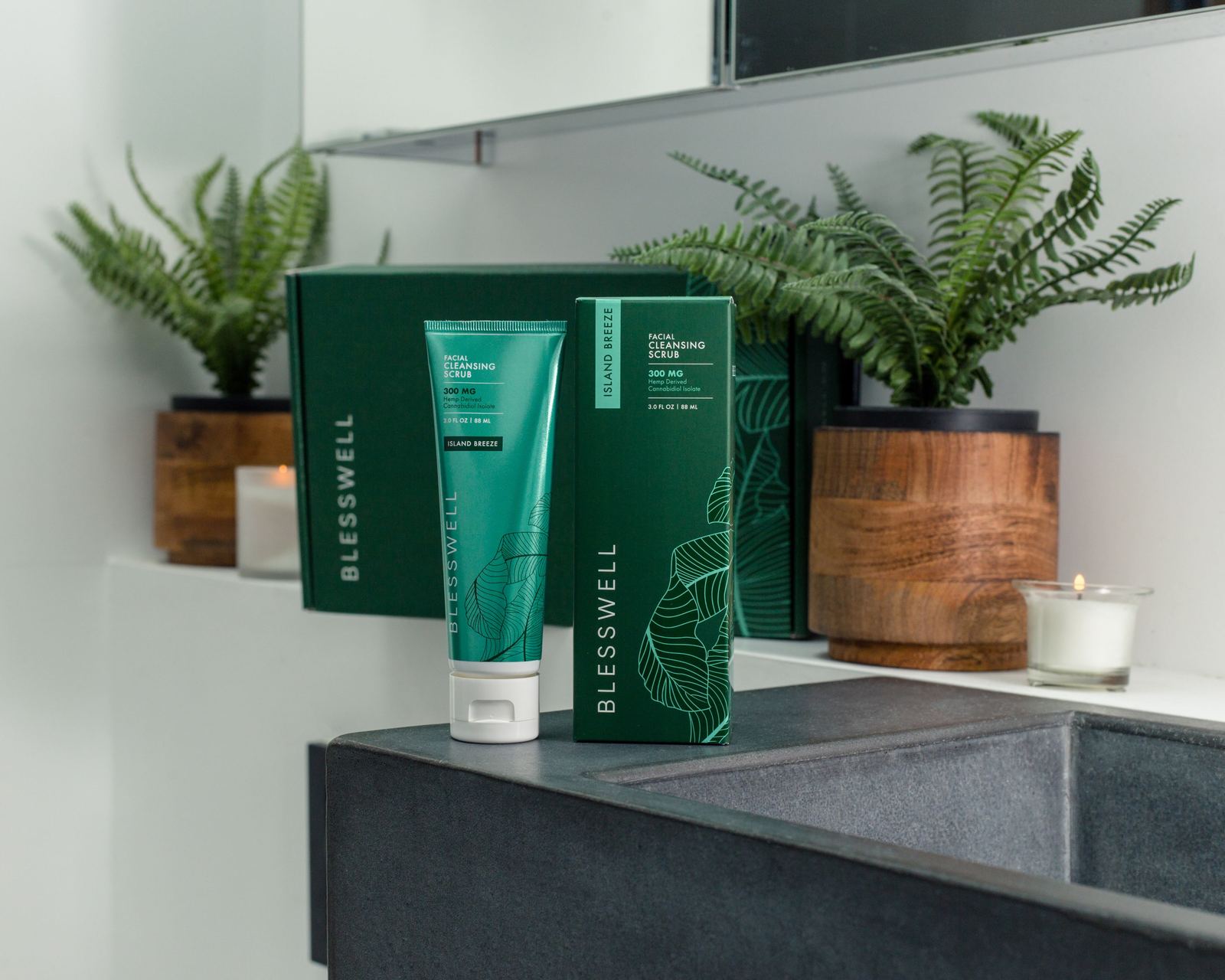 Blesswell grooming products arranged on a counter