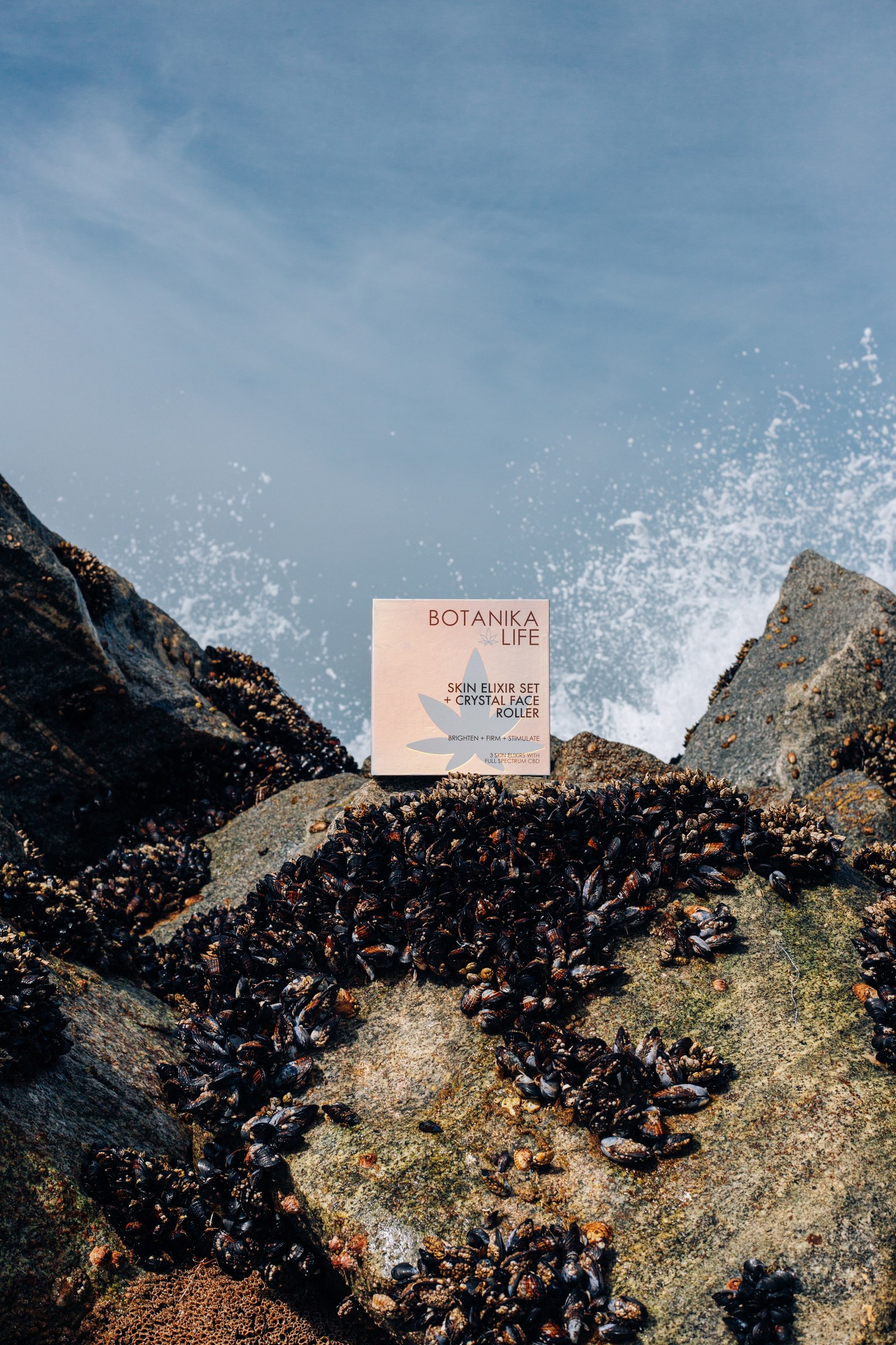 Botanika Life Skin Elixir Set box on mussel-covered rocks as a wave breaks behind it