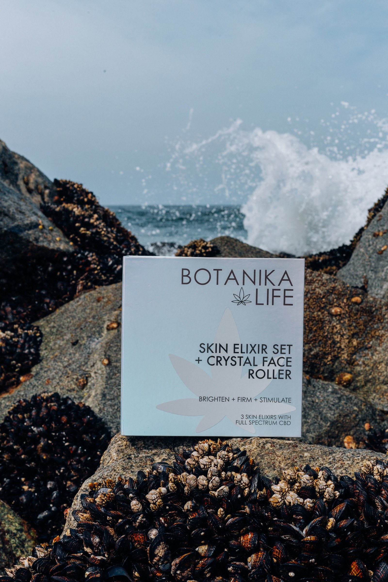 Botanika Life Skin Elixir Set box on rocks with sea spray bursting behind it